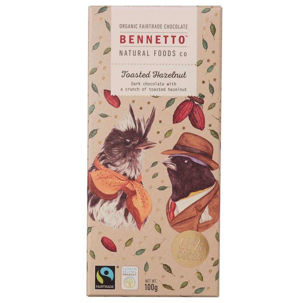 Bennetto Natural Foods Organic Toasted Hazelnut Dark Chocolate Bar, 100 g