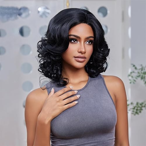 Miniatura 6 de Pelucas cortas para mujeres negras, pelucas de agua con ondas profundas, peluca rizada negra, peluca prearrancada natural como pelucas de fibra
