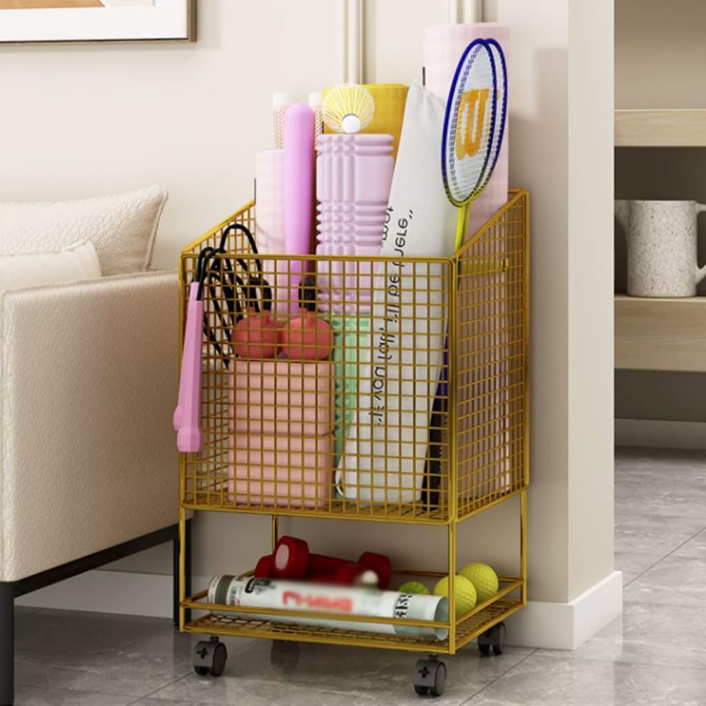 Eiwitany Wheeled Yoga Mat Storage Rack - Metal Gym Equipment Organizer, Foam Roller Holder, Fitness Display Shelf for Home Gym (Gold)