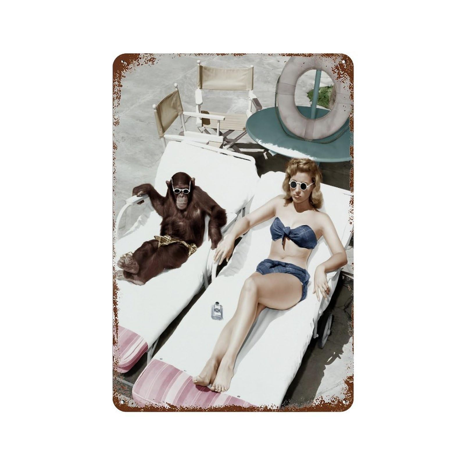 xiaoxiaoshen Funky Monkey And Sunbathing Woman Wall Decor Art Metal Tin Poster Modern Home Decor Art Home Bar Shop Decorations Vintage Sign 30x20cm