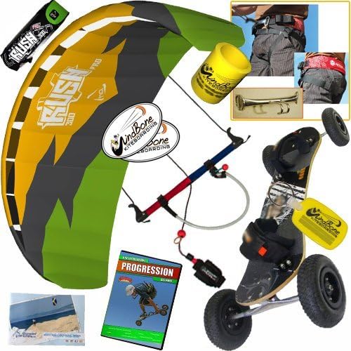 HQ Rush Pro V 300 3M Kite Mountainboard Kiteboarding Bundle : (8 Items) Includes Landboard + Peter Lynn Harness + Loop + Progression Beginner Kite Landboarding DVD + WB Decals + WB Key Chain + Koozie