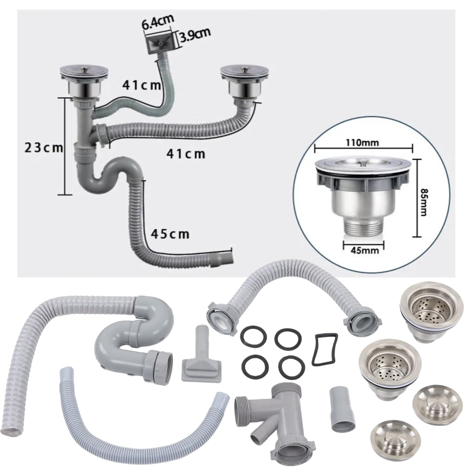 Vidange Evier Cuisine 2 Bacs, Kit Flexible évier Double, Siphon Evier avec Double Evacuation Machine, avec L'acier Inoxydable S Plié pour la Salle de Bains à la Maison Moderne
