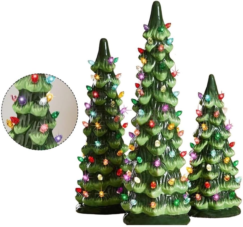 Retro Hand-Painted Tabletop Christmas Tree With LED Lights, Festive Decorative Ornament For Holiday Home Décor, Compact Size For Desk Mantel Shelf(set)