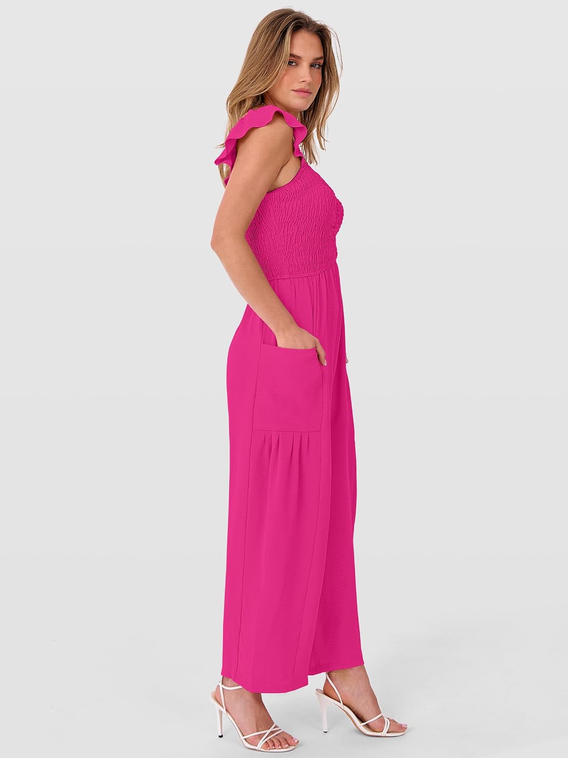 ANRABESS Jumpsuits for Women Dressy One Piece Summer Outfits Wide Leg Sleeveless Smocked Romper Jumpers Casual Beach Overalls