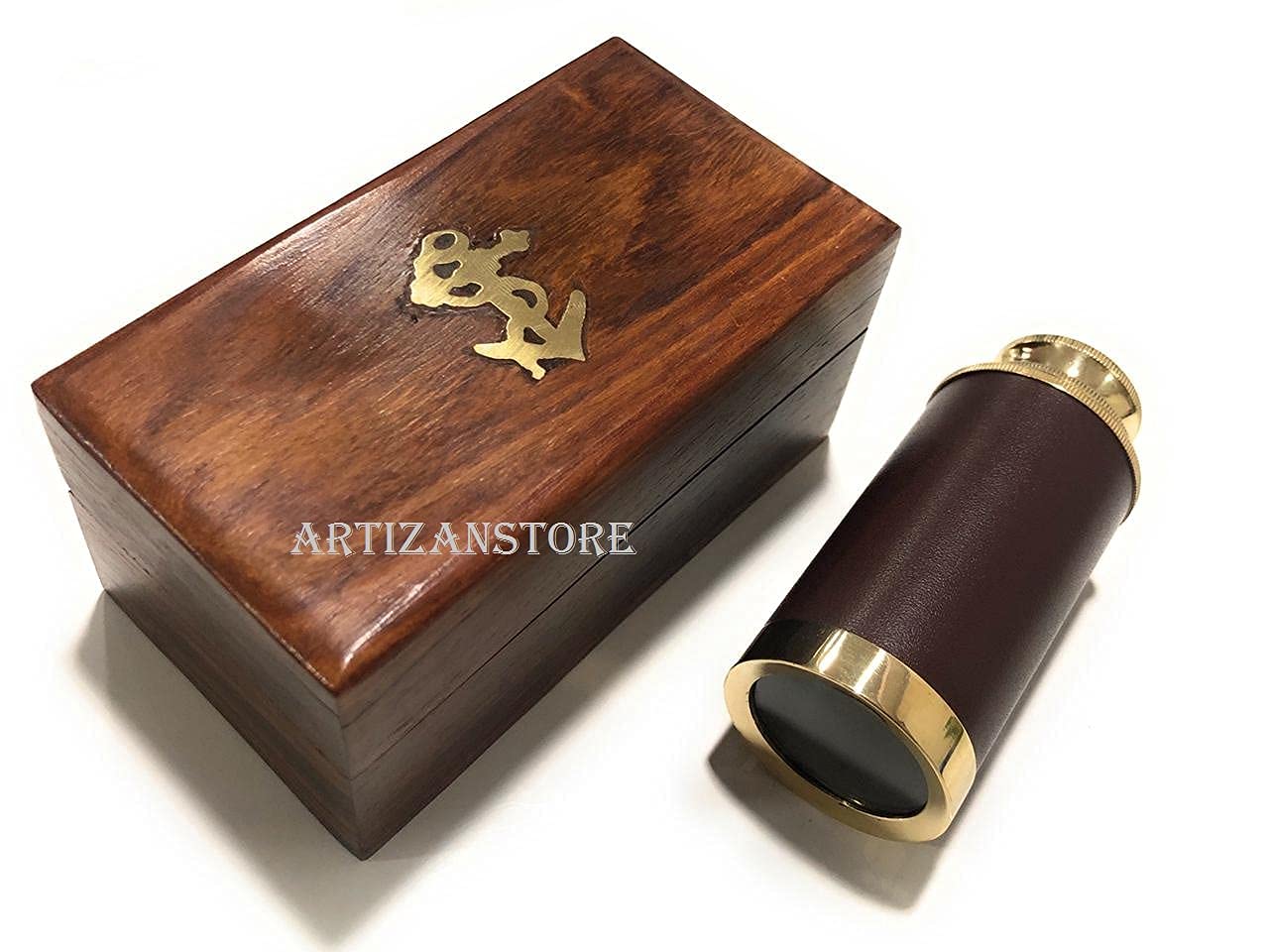 Brass Handheld Telescope, Functional Vintage Replica Telescope, Pirate Navigation with Anchor Wooden Box (Brown Leather), Portable Collapsible Marine Spyglass Collectible Décor, 6”