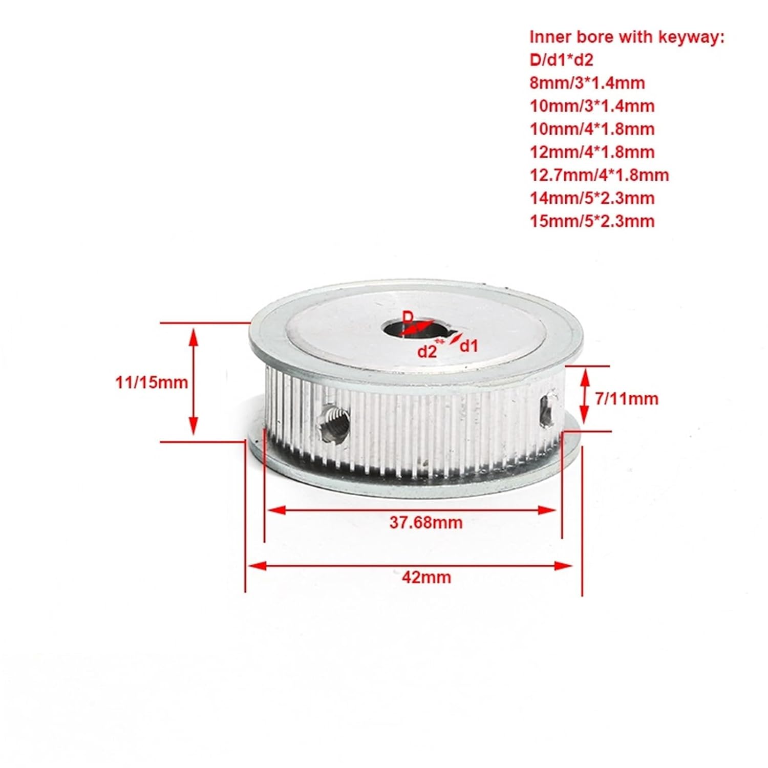 Pulley S2M-60T with Keyway 7mm/11mm Belt Width S2M 60Teeth Belt Pulley Aluminum Alloy Toothed Gear Pulley(Bore 14mm Key 5x2.3,11mm)