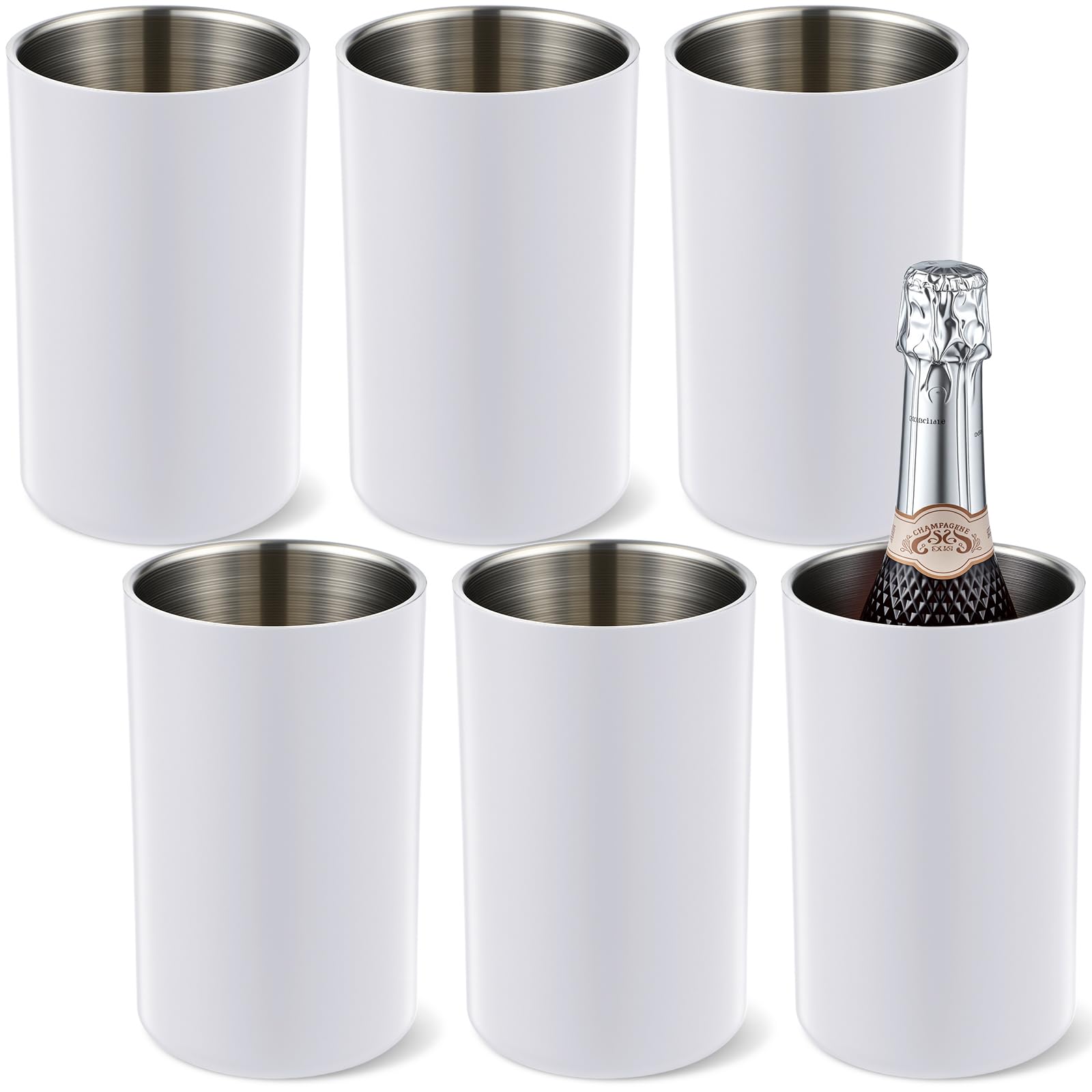 Potchen 6 Pack Wine Chiller Bucket Wine Bottles Cooler Bulk, Stainless Steel Double Wall Insulated Champagne Ice Bucket for Parties,Fits for 750 ml Bottles (White)