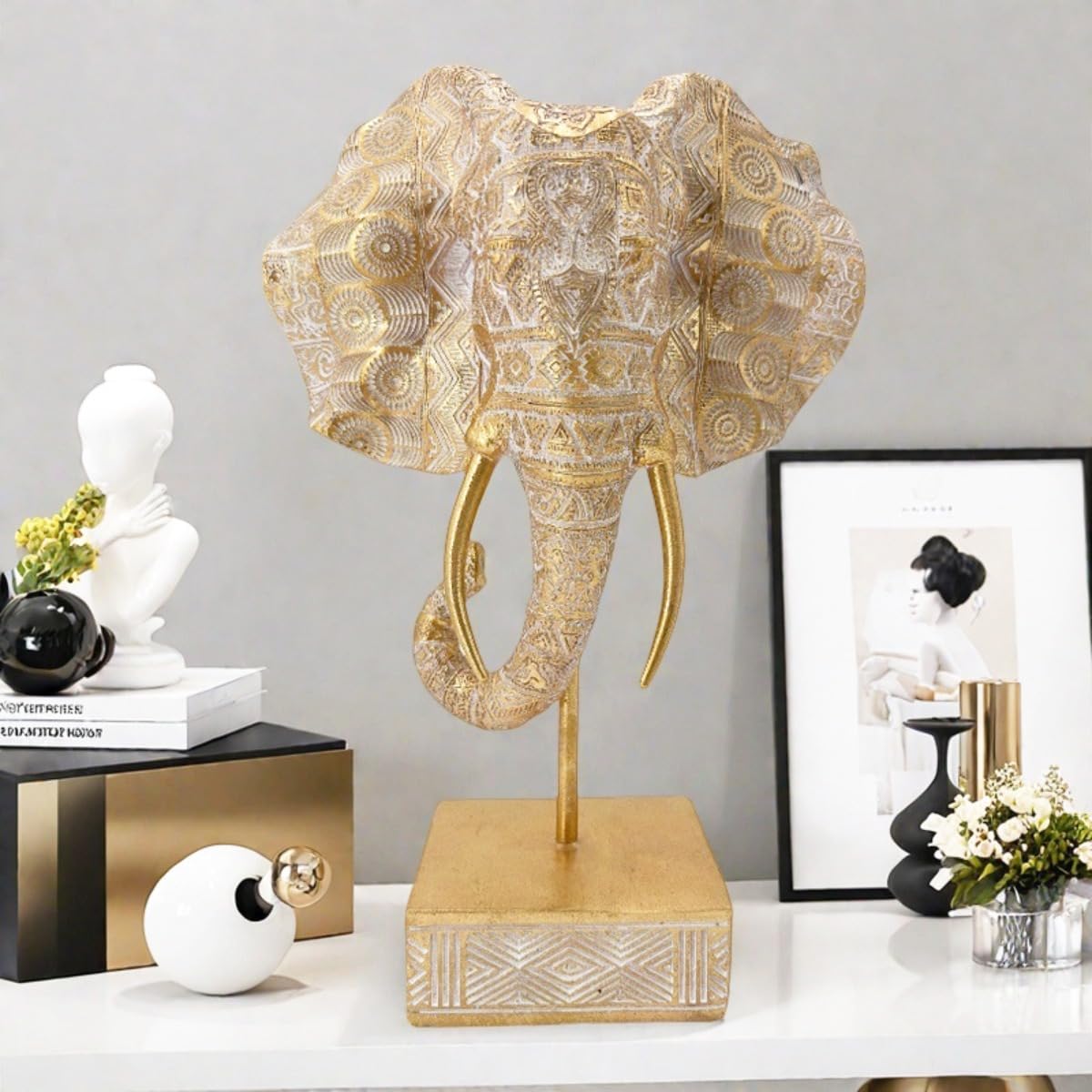 Statuetta in resina a forma di testa di elefante portafortuna in stile nordico, decorazione creativa per la casa, per soggiorno, ingresso e Feng Shui