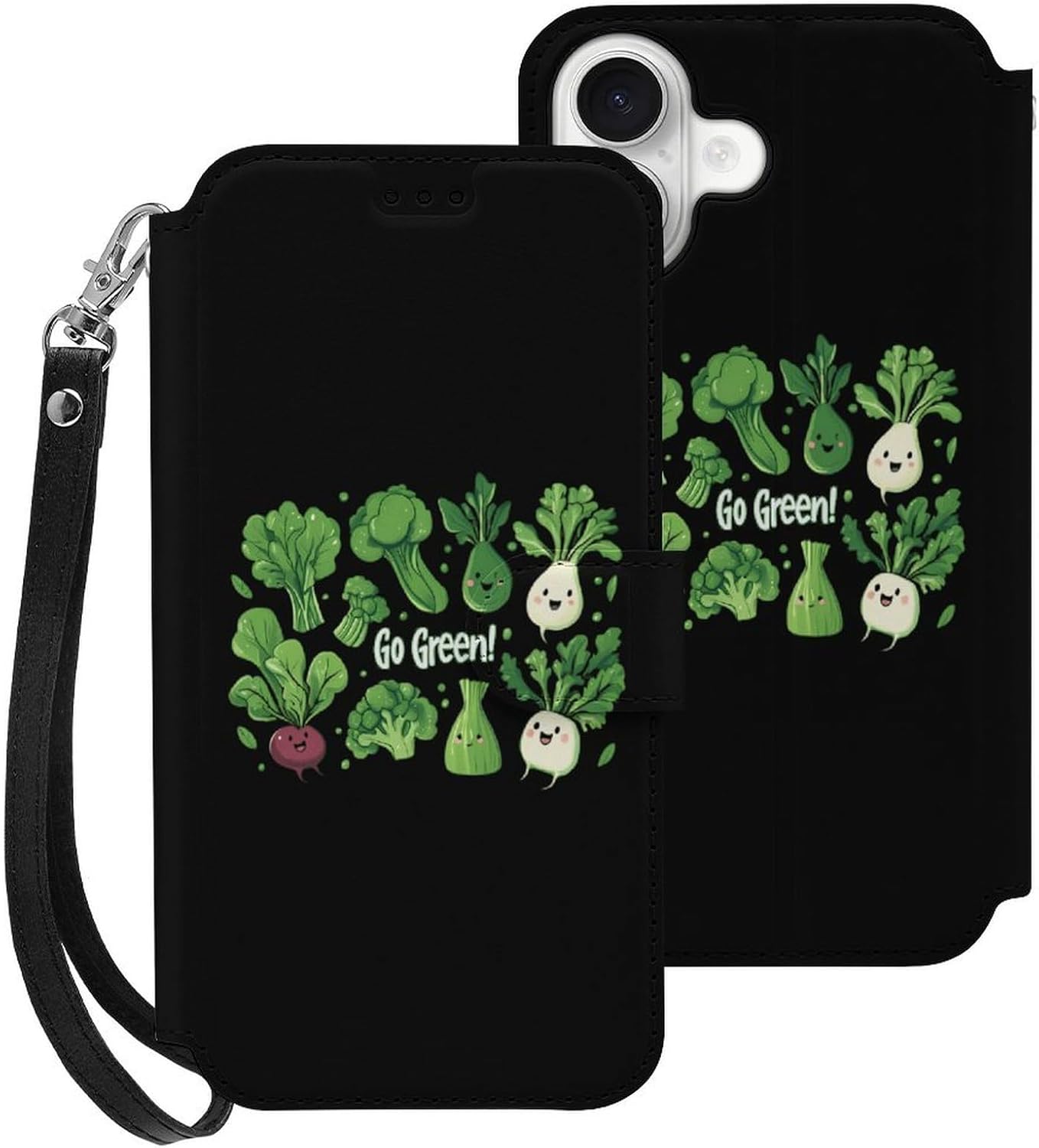 Green Vegetables Compatible with iPhone 16/16 Plus/16 Pro/16 Pro Max/16 E Case Phone Wallet Card Holder Flip Cover with Wrist Strap