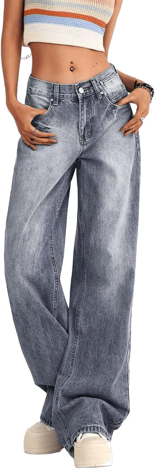 Low Rise Baggy Jeans for Women Y2K Straight Wide Leg Denim Pants Casual Loose Boyfriend Jean Trouser - Image 4
