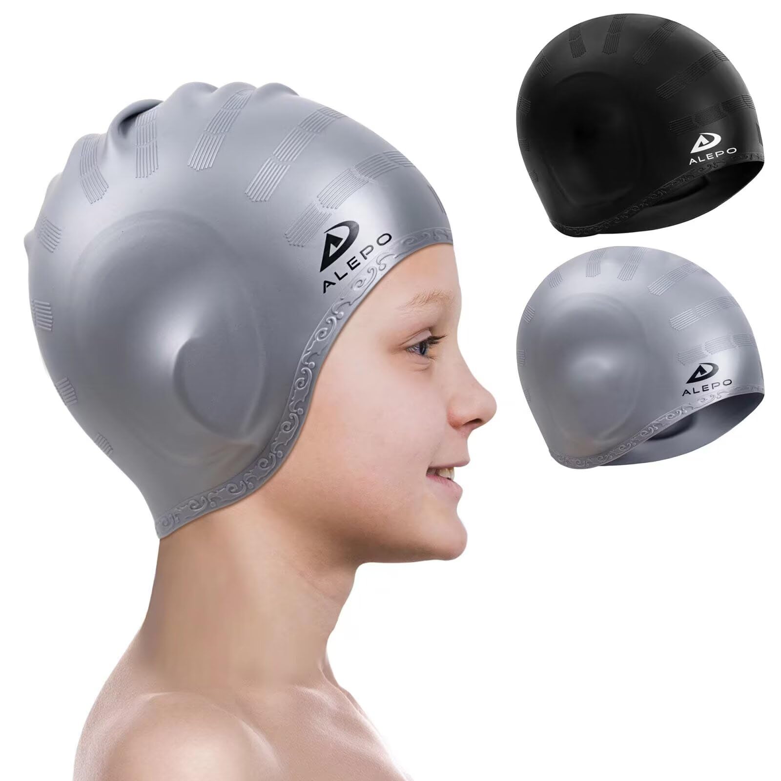 Alepo Confezione da 2 cuffie da nuoto per bambini e bambine, in silicone resistente, con tasche per le orecchie 3D, per bambini dai 3 ai 15 anni, unisex, per capelli corti/lunghi, con tappi per le