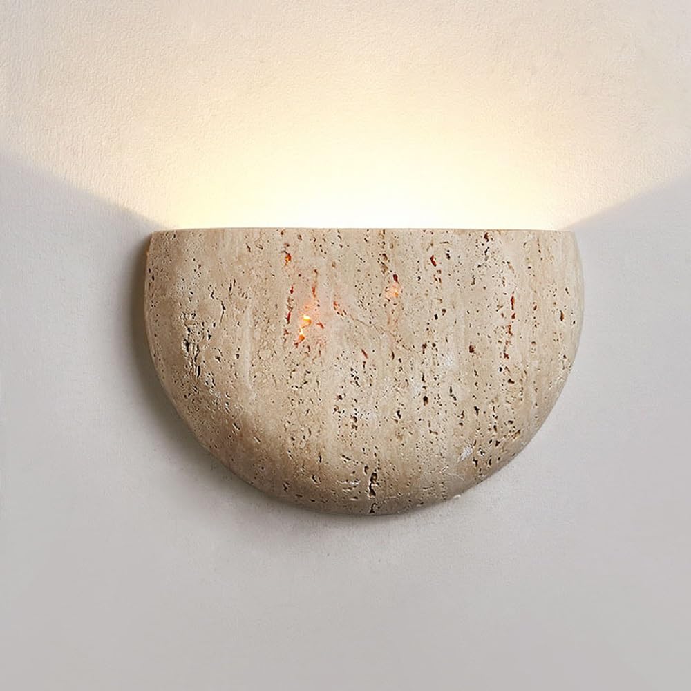 ITOSUI Travertine Wall Sconce, Stone Wall Lamp, Semicircle Wall Fixture, Half Moon Light, Mid-Century Modern Art Deco, Natural Travertine G9 for Bedroom, Hallway, Aesthetic Ambient Glow