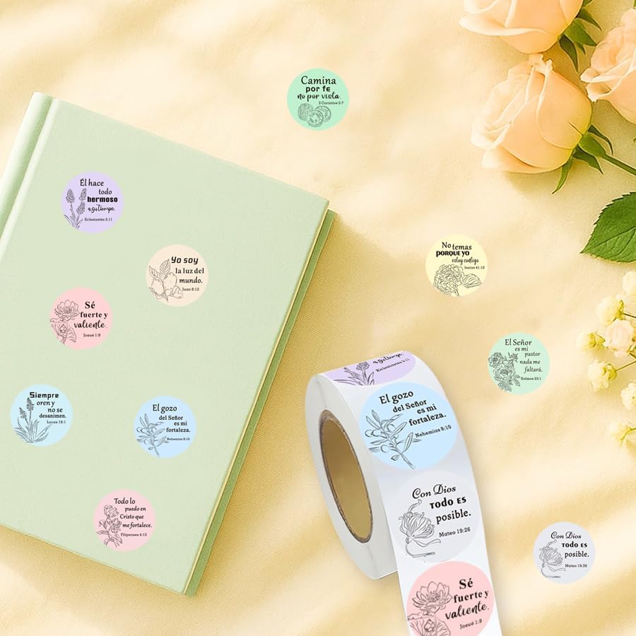 500 Pcs Spanish Bible Verse Stickers Roll, Minimalist Floral Christian Inspirational Scripture Labels, 10 Designs 1 Inch Round Religious Stickers for Gift Wrapping, Packaging, Envelopes and Journals