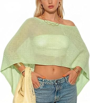 Amiblvowa Women Sheer Poncho Top Lightweight Crochet Mesh Shawl See Through Knit Shrug Off the Shoulder Cover Up Top