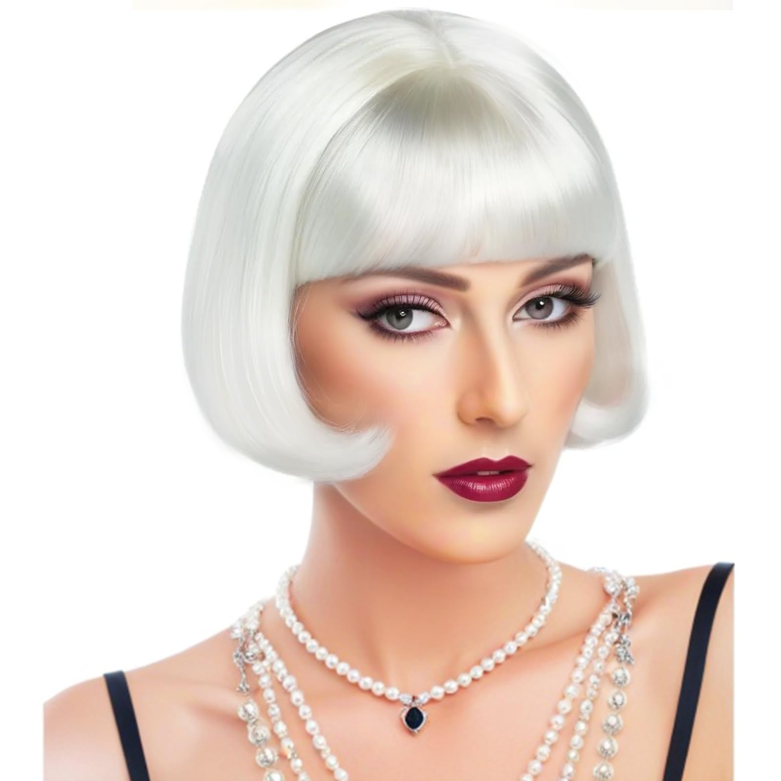 IMEYLE Ultra Short White Wig with Bangs for Cosplay 1920's Flapper Wigs for women Short White Bowl Cut Wig for Party 1930s Costumes for Women 1940s Wigs for Halloween Outfit +Hair Cap