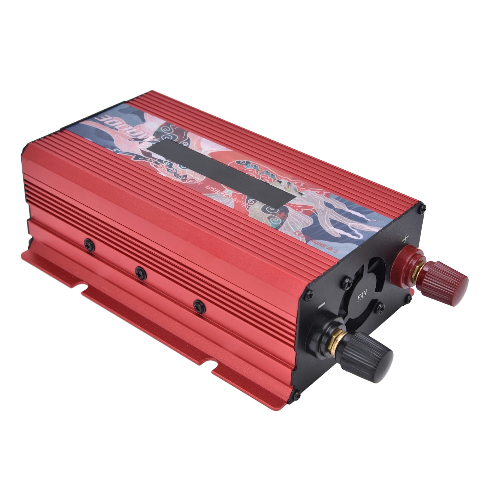 Wechselrichter, Stromrichter aus Aluminiumlegierung, 3000 W, Intelligenter Stromrichter mit Anzeige, DC12V-zu-AC220V-Wechselrichter für Haushaltsgeräte, Wohnmobile und Mehr (Rot)