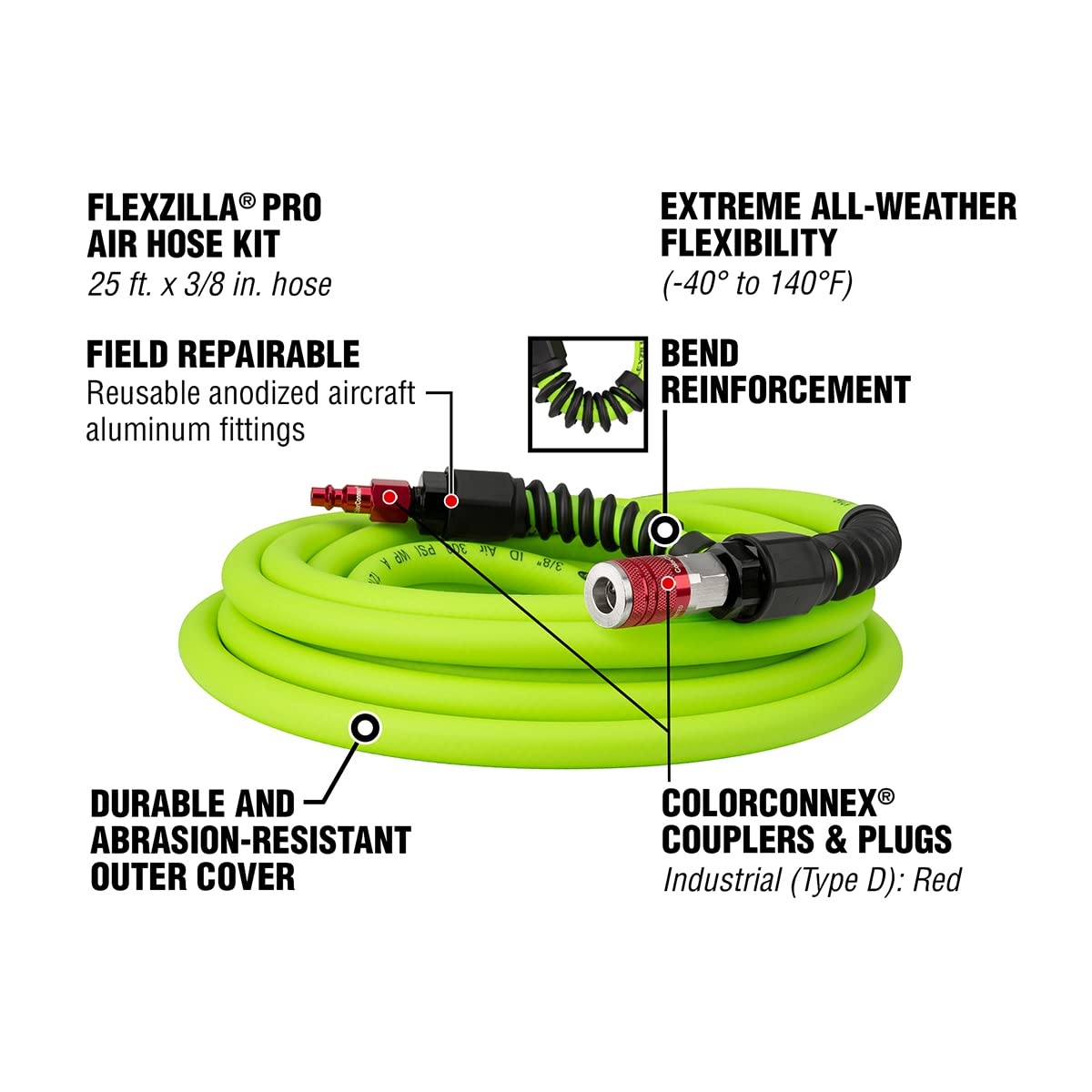 Flexzilla Pro Air Hose with ColorConnex Industrial Type D Coupler and Plug, 3/8 in. x 25 ft. - HFZP3825YW2-D - Image 3