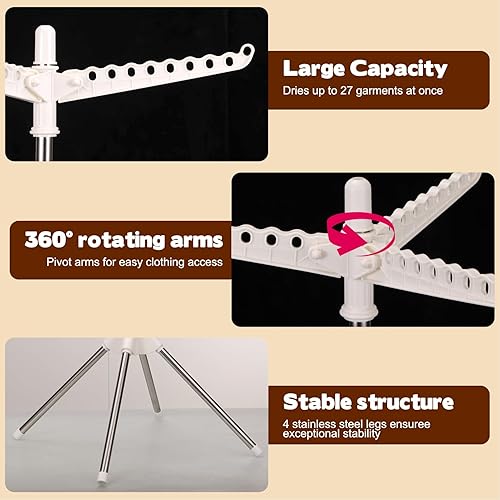 Miniatura 3 de Tendedero de secado de ropa giratorio y plegable de 2 capas de acero inoxidable de 75 pulgadas con 6 brazos giratorios, soporte independiente de 4