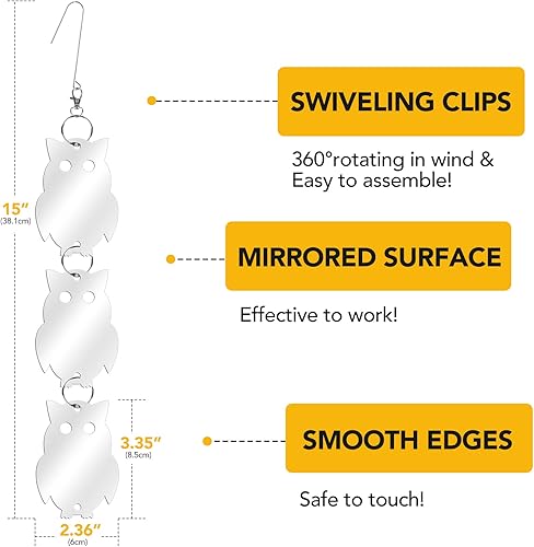 Miniatura 3 de XPCARE 24 dispositivos de miedo de pájaros, discos reflectantes con forma de búho, reflectores de pájaros de doble cara altamente reflectantes, para