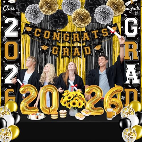 Image of Graduation Party Decorations Class of 2026, Graduation Decorations with Congrats Grad Banner Fringe Foil Curtain Paper Flower Ball Balloon for High School College Graduation Party Supplies, Black Gold