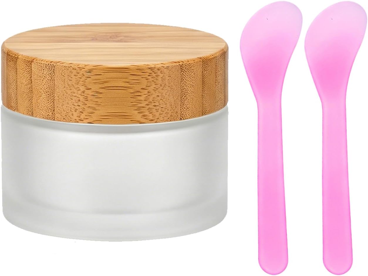 1 Pack 100ml/3.4oz Travel Size Frosted Glass Jars with Bamboo Lids, Leak Proof Empty Skincare Containers with 2 Facial Mask Spatulas Spatulas for DIY Cream, Lip Balm, Lotion, Sample Jars (1PC 100G)