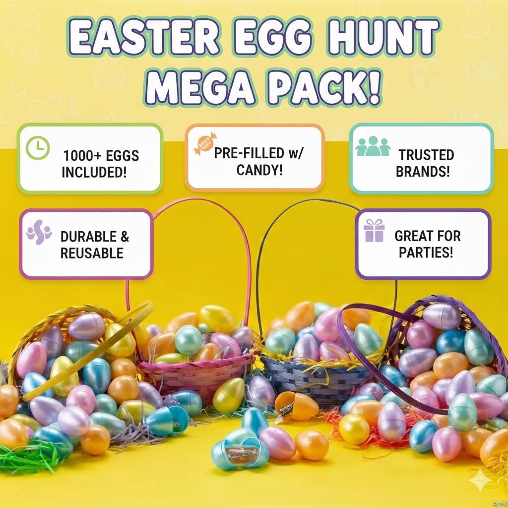 Fun Express Bulk Shimmer Plastic Easter Eggs Prefilled with Candy 1000 Pieces - 2.5 Inch Shiny Pastel Candy Filled Eggs for Kids Easter Egg Hunt Supplies | Perfect for Home School Church Events & Parties