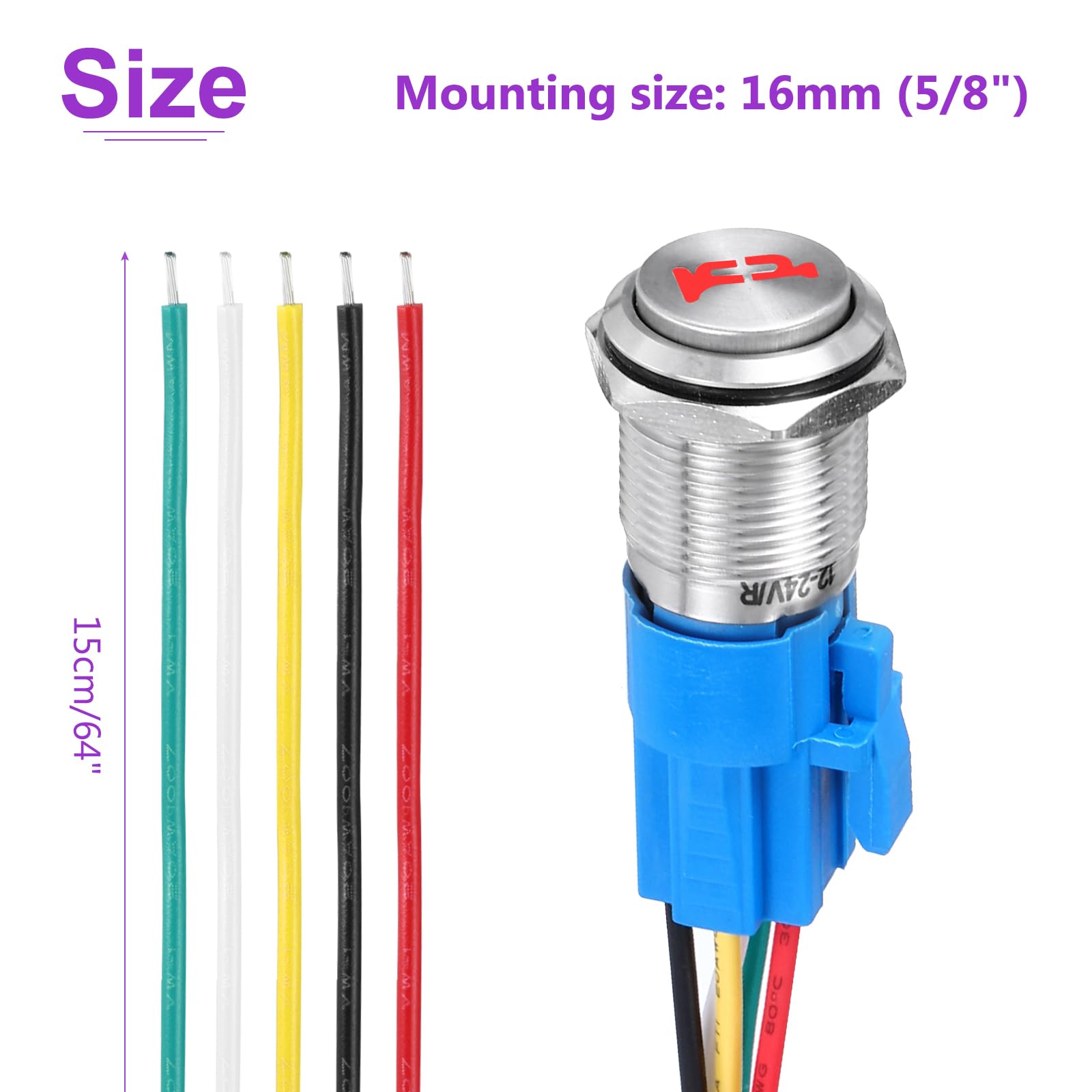 DMiotech 16mm / 5/8" Stainless Steel Momentary Push Button Switch Domed Head 5A 12-24V Silver Shell 5 Pin with Cable Socket Red Trumpet LED 1NO1NC for Car Boat Systems Custom Setups - Image 4