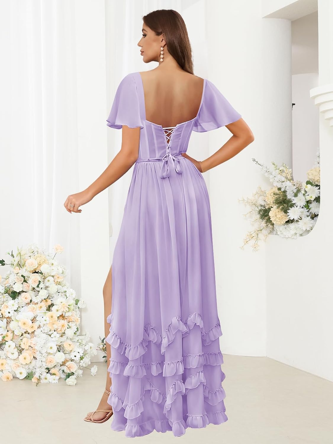 Short Sleeve Bridesmaid Dresses Corset Chiffon V-Neck Ruffled Long Slit Formal Wedding Guest Dress