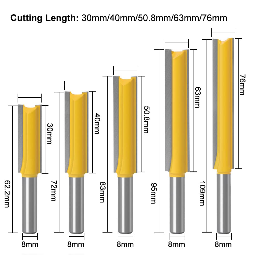 ASNOMY 5 Stück 8 mm Schaft Gerades Fräser Schneidmesser, Fräser Nutfräser Holzfräser Bündigfräser, für Holz, extra Langer Schnittlänge -30mm,40mm, 50mm,63mm, 76mm