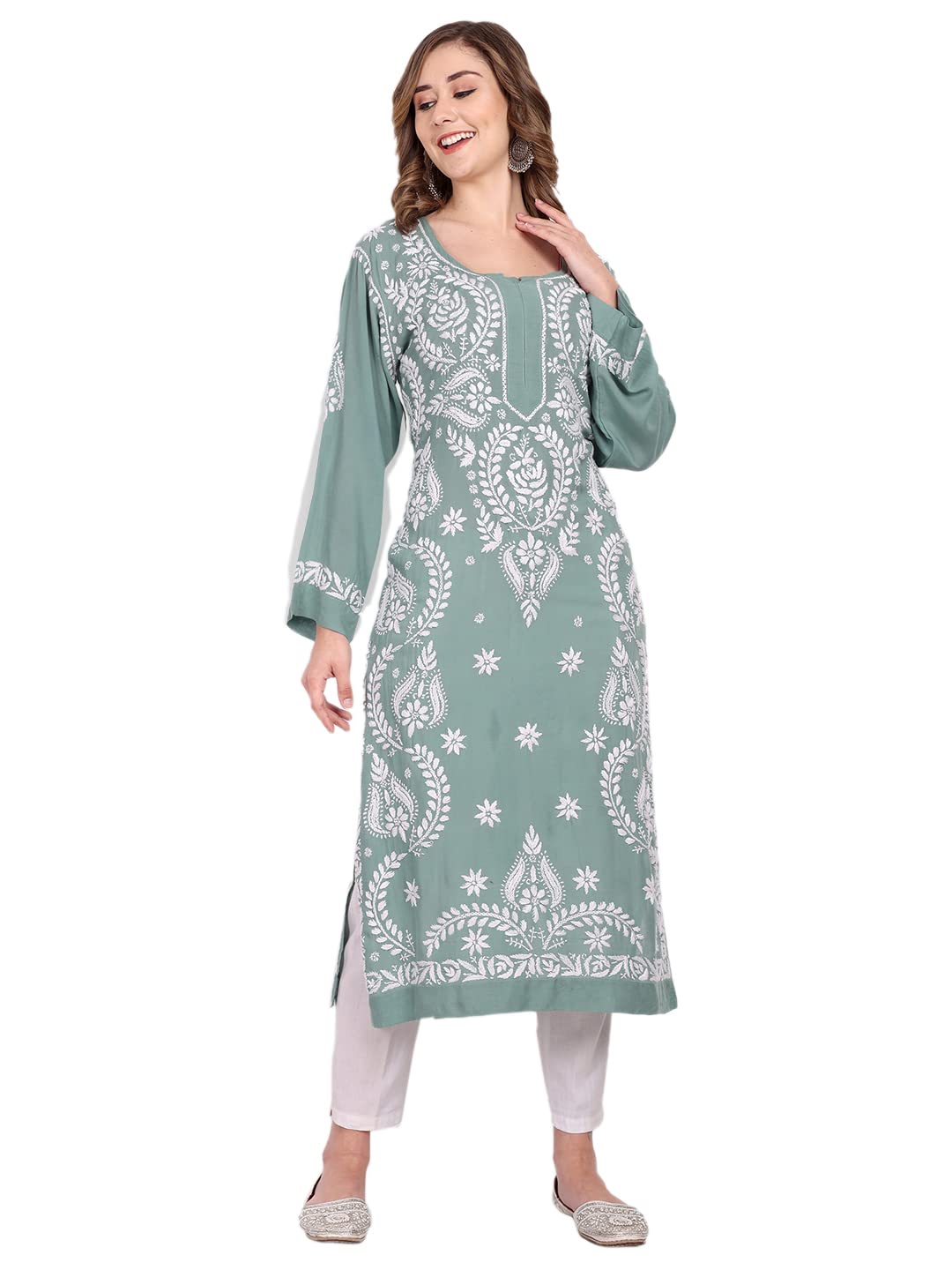 indiankala4u Hand Embroidered Lucknowi Chikankari Modal Cotton Kurta