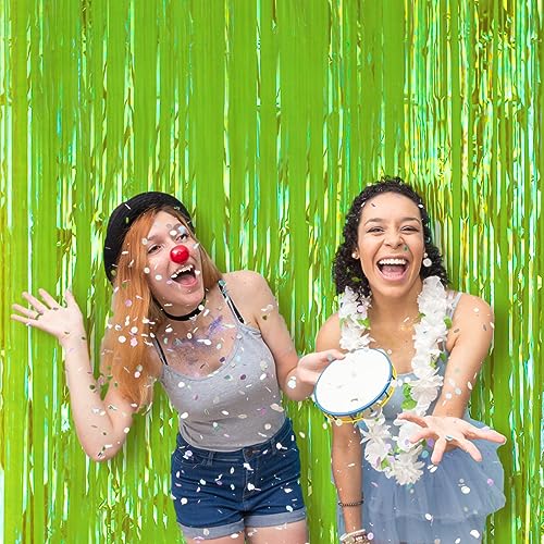 Image of Voircoloria 2 Pack 3.3x8.2 Feet Neon Green Foil Fringe Backdrop Curtains,Tinsel Streamers Birthday Party Decorations,Fringe Backdrop for Margaritas Themed Party Decorations,Baby Shower,Disco Party