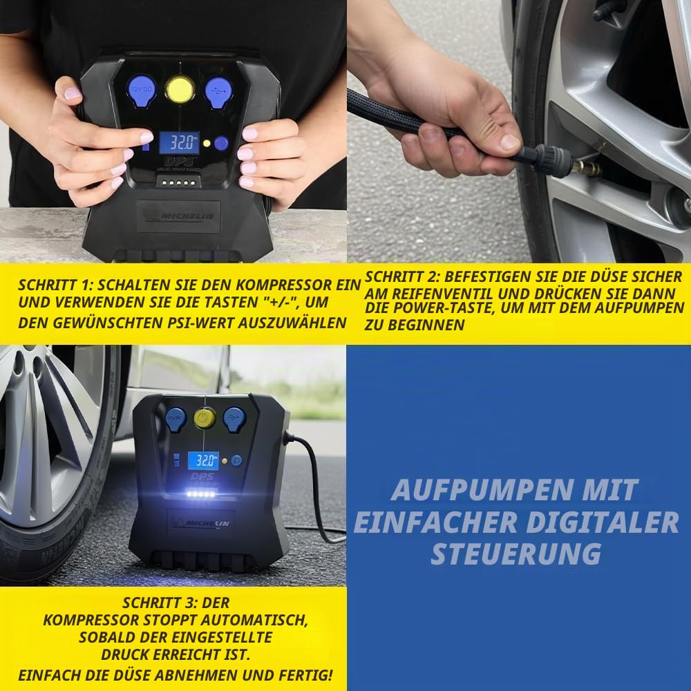MICHELIN 12V Luftkompressor programmierbar digital Reifenpumpe Auto SUV Fahrrad Notfall Kompressor mit LED Anzeige präziser Reifendruck Schnellaufpumpen | Programmierbar digital Reifenpumpe Auto SUV Fahrrad Notfall Kompressor mit LED Anzeige präziser Reif