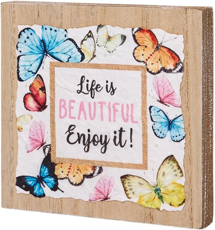 The Lakeside Collection Butterfly Wood Decor Block Sign Hanging Sign Or Butterfly Block Sign - Life is Beautiful Wood Block