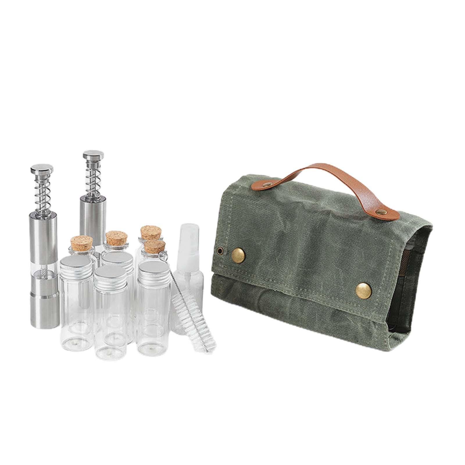 12 Teiliges Camping Gewürzset mit Gewürzbehältern, Aufbewahrungstasche Aus Canvas, 8 Glasbehältern, Pfeffermühlen Und 1 Ölspray für Angeln Und Grillen, GRÜN