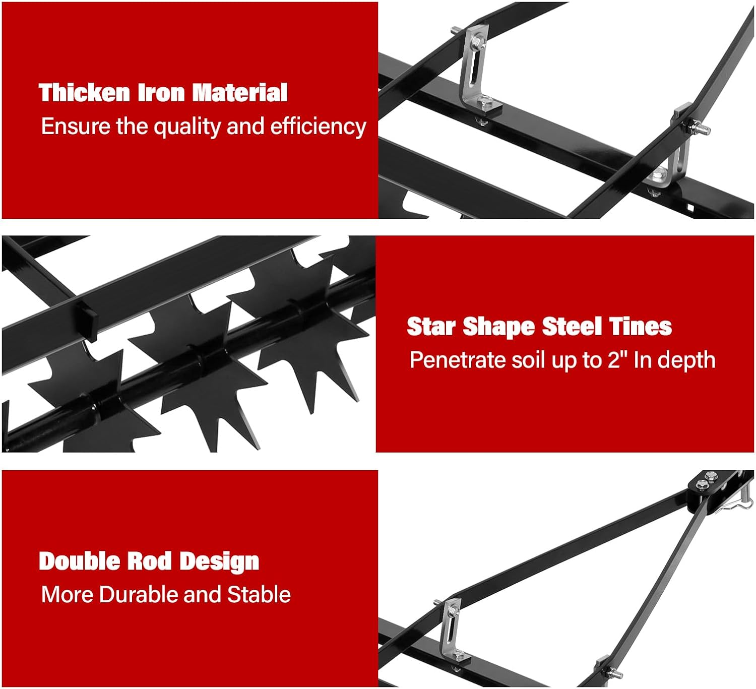 Close-up of aerator features: thickened material, star tines, double rod design