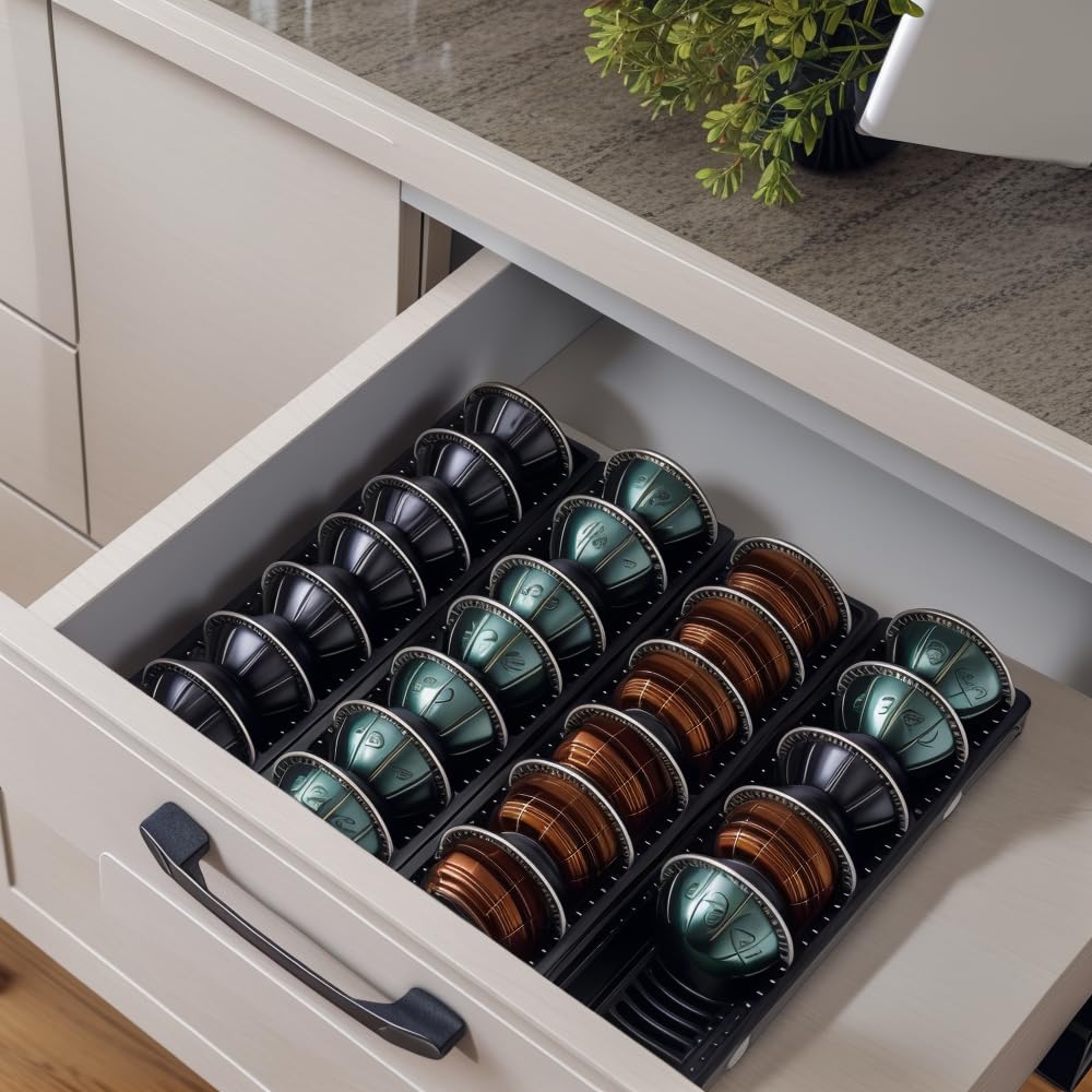 Lot de 4 organiseurs de tiroir pour capsules de café Nespress Vertuo, plateau de rangement pour capsules de café, connexion magnétique, noir