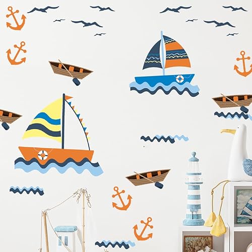 Miniatura 2 de Calcomanía de pared para niños, barcos, anclas, gaviotas, olas, bonita decoración para habitaciones de niños, fabricado en Estados Unidos (barcos,