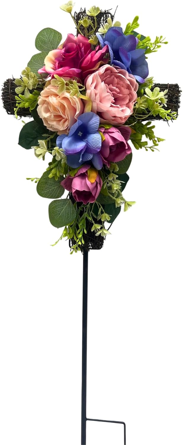 32" Solar Memorial Cross Light for Cemetery Grave Peony & Rose Floral Stake with 6 Warm LEDs - Artificial Cross Stake Wreath for Garden Roadside Tribute