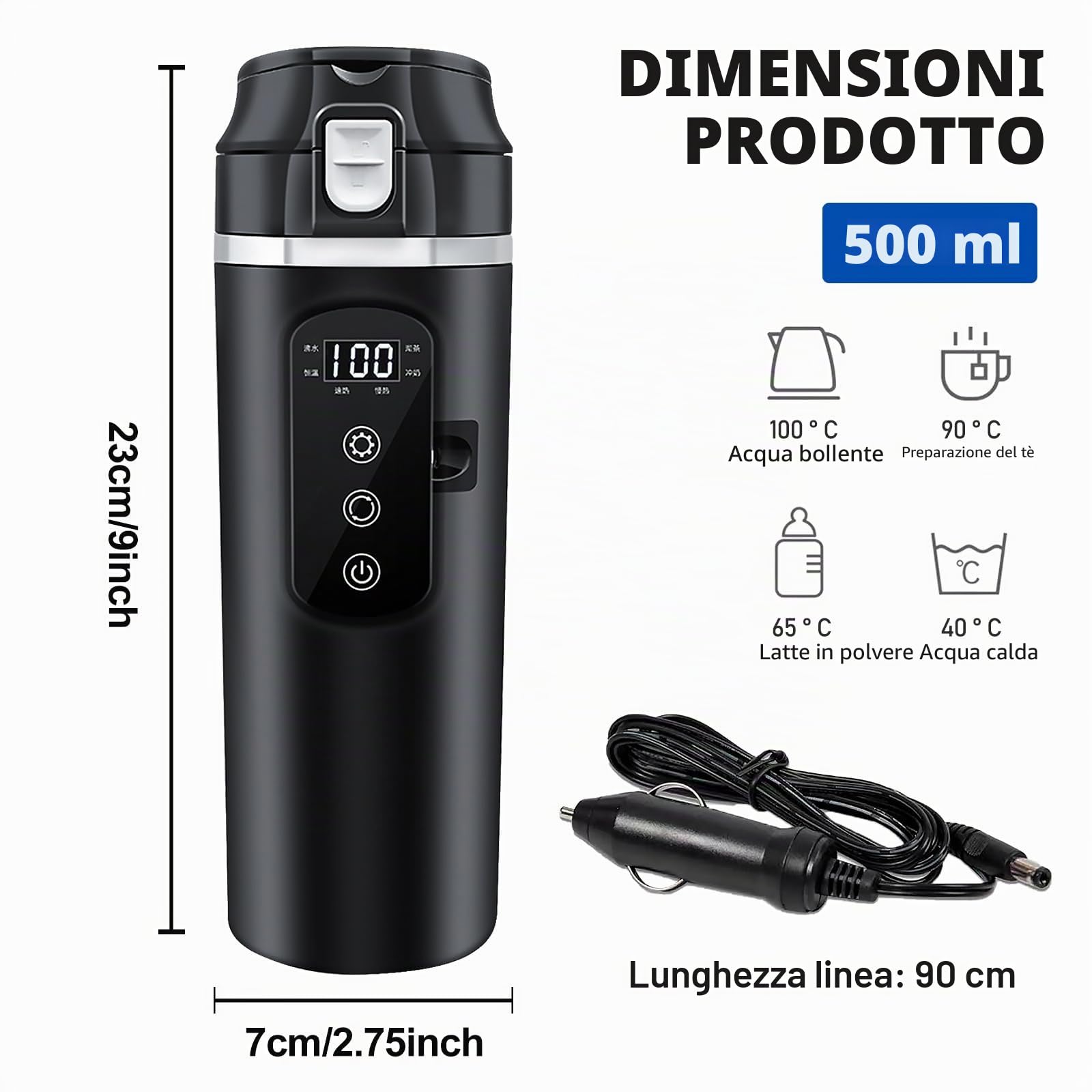 PORFOYO Bollitore elettrico per auto, tazza da viaggio 24V/12V, bollitore elettrico da 500 ml, nero, in acciaio inox, con display per auto e viaggi