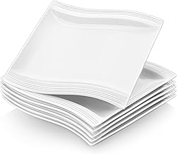 MALACASA 8.2" Square Dinner Plates Set of 6 – Small White Porcelain Plates for Salad, Dessert, Appetizers & Main Dishes | Microwave & Dishwasher Safe | Elegant Modern Tableware