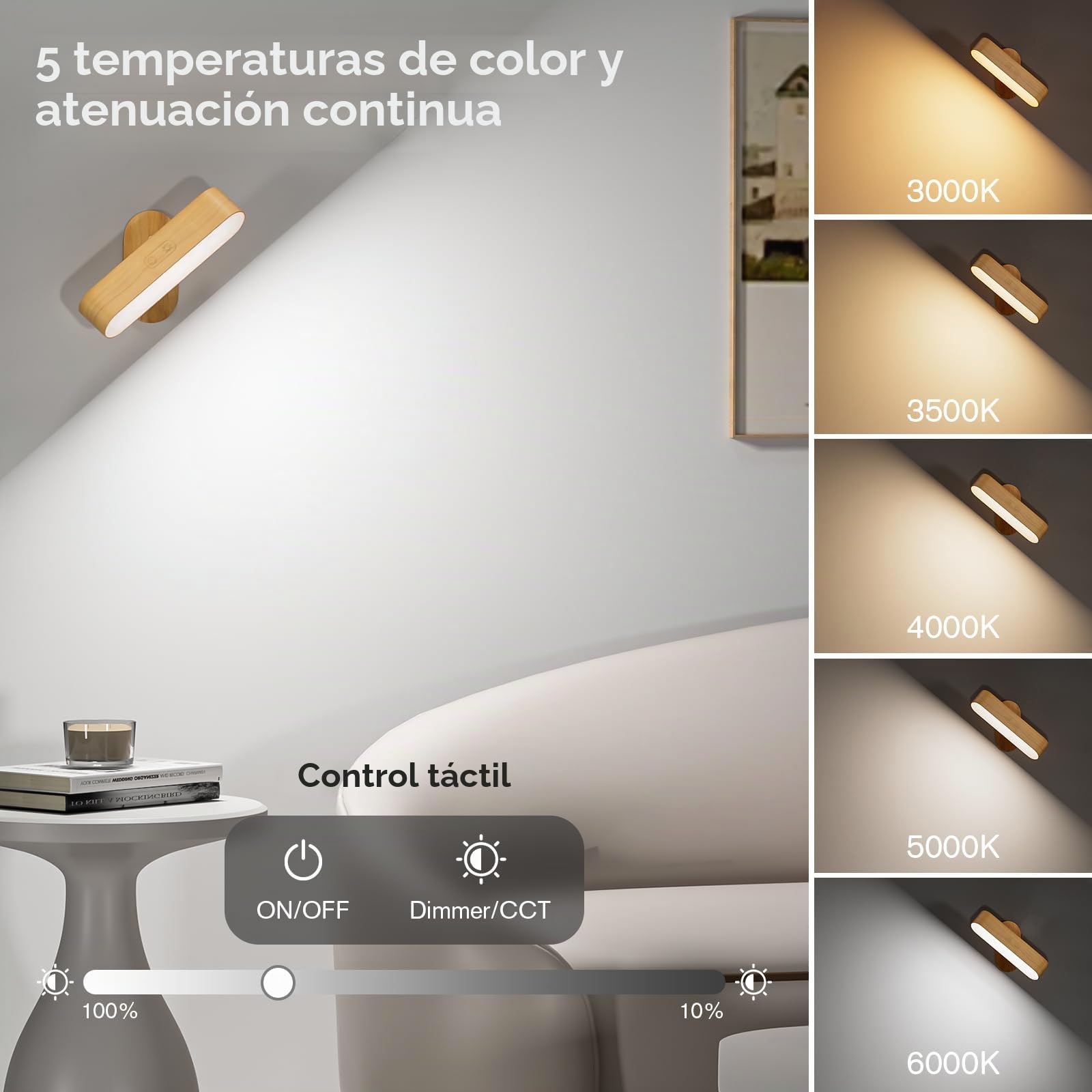 Hensam Apliques de pared accionados por batería, juego de dos apliques de pared LED inalámbricos para dormitorio, luces de pared recargables para cuadros, lámparas de pared regulables de 5 modos para