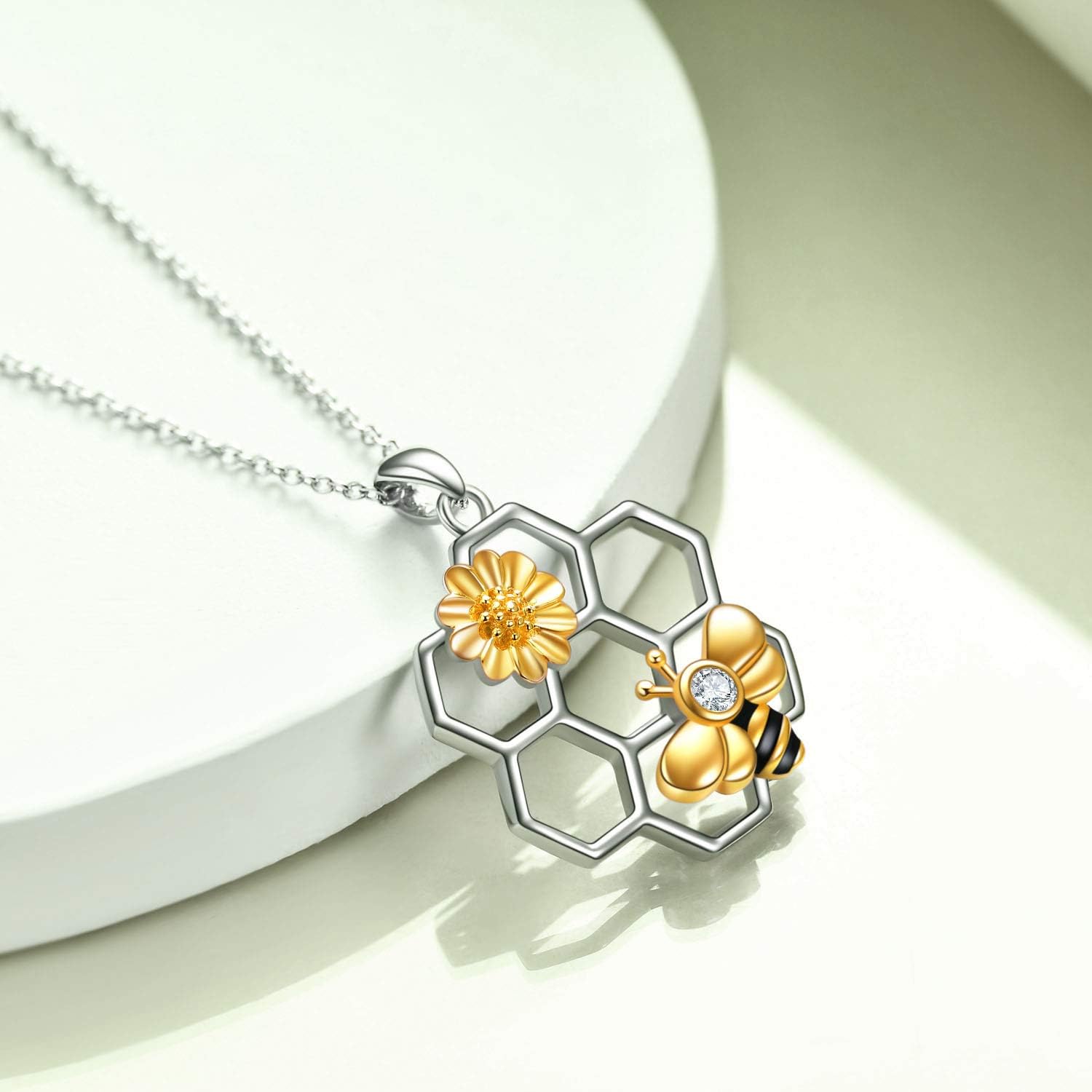 LUHE Bee Necklace 925 Sterling Silver Honeycomb Cute Flower Pendant Necklaces for Women Gifts for Her Women - Image 3