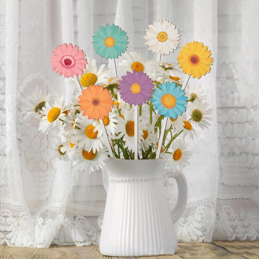 1 Box 14Pcs Wooden Decorative Picks Sunflower Wooden Picks Bulk Spring Flower Daisy Colorful Wood Vase Decoration for Vase Filler Flower Arrangements Home Patio Yard Pot Decorations Adults