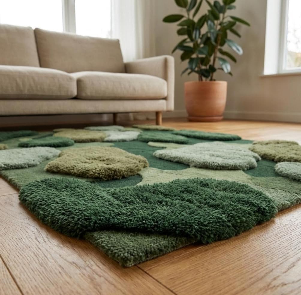 3D Moss Stone Area Rug, Green Multi-Tone, Tufted Shaggy, Nature-Inspired Living Room Decor (8' x 10' Feet)