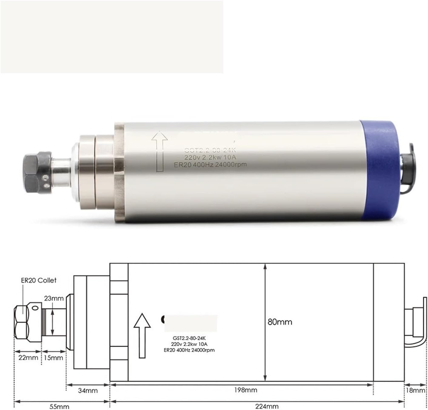 220V 2.2KW ER20 air-cooled spindle motor 80mm DIY air-cooled 4 bearings(Steel Ball Bearing,380v)