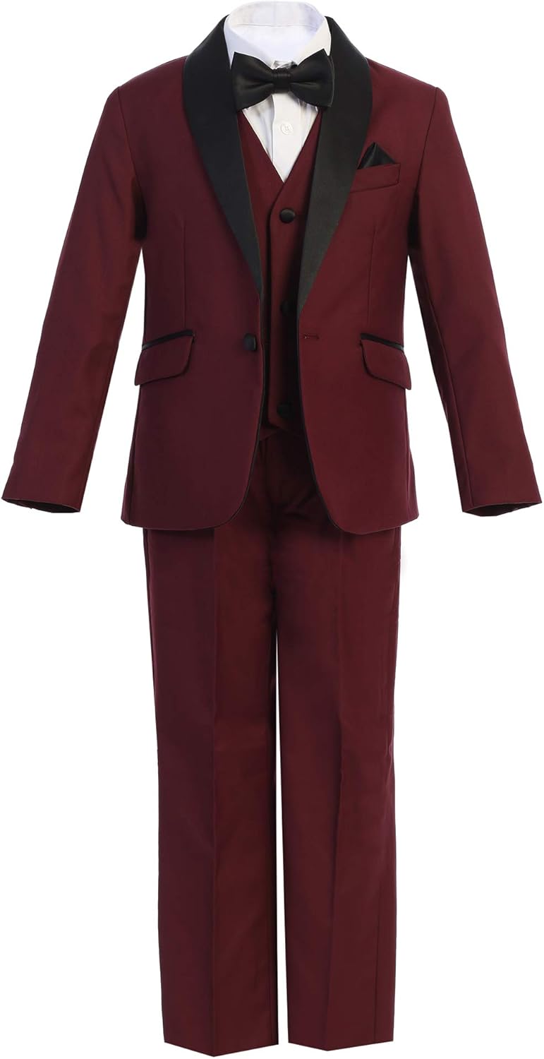 Boys Premium Paisley Patterned and Solid Shawl Lapel Tuxedos - Many Colors (8, Burgundy with Black Solid)