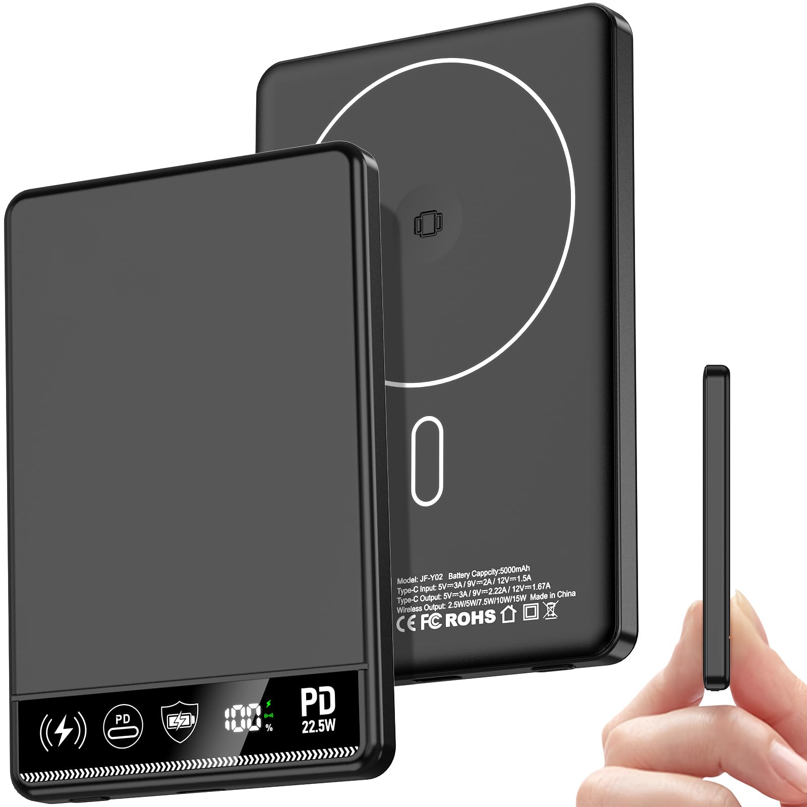 Mini Power Bank 5000mAh, Wireless Powerbank Magnetico Con Display LED, PD 22.5W USB-C Batteria Wireless Battery Pack per iPhone serie 17/16/15/14/13/12/ Pro Max (Nero)