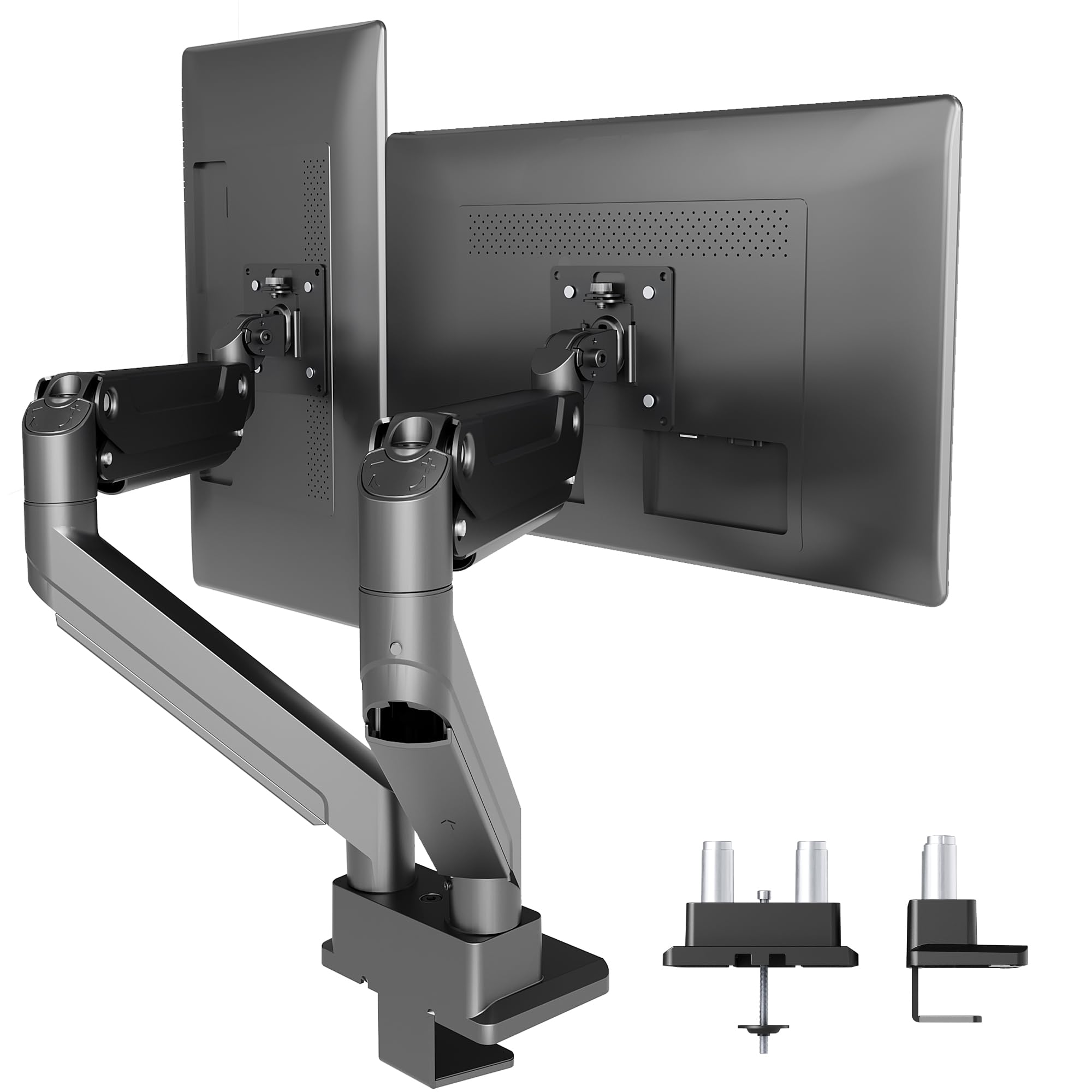 Claiks Soporte de monitor dual para pantallas de 35 pulgadas de máximo de 35 pulgadas, soporta hasta un máximo de 90 libras, brazo ergonómico de resorte de gas ajustable, con abrazadera y base de