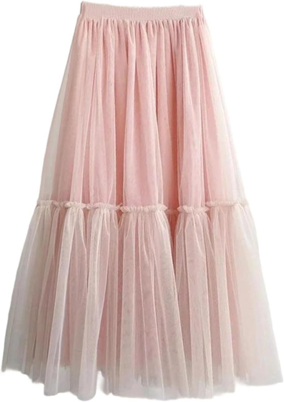 Women's A Line Long Skirt with Mesh Patchwork and Elastic Waist for Office Lady Attire and High Waist Look