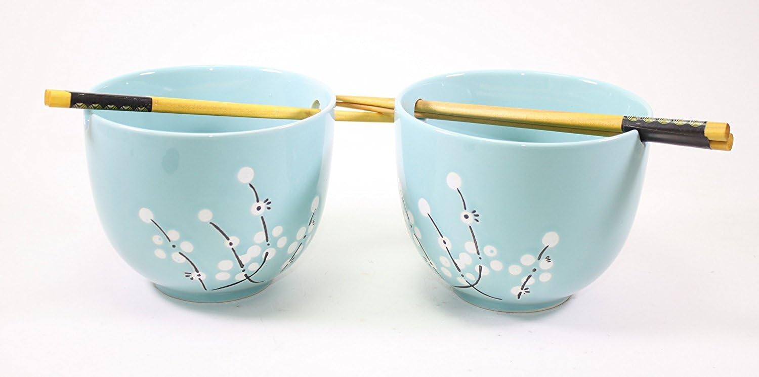 ラーメンボウル [Set of 2] Blue Flower Bowls w 2 pairs of Wooden Chopsticks, Rice Udon Noodle Bowl For Home Decor Utensils (F15671) ~ We Pay Your Sales Tax